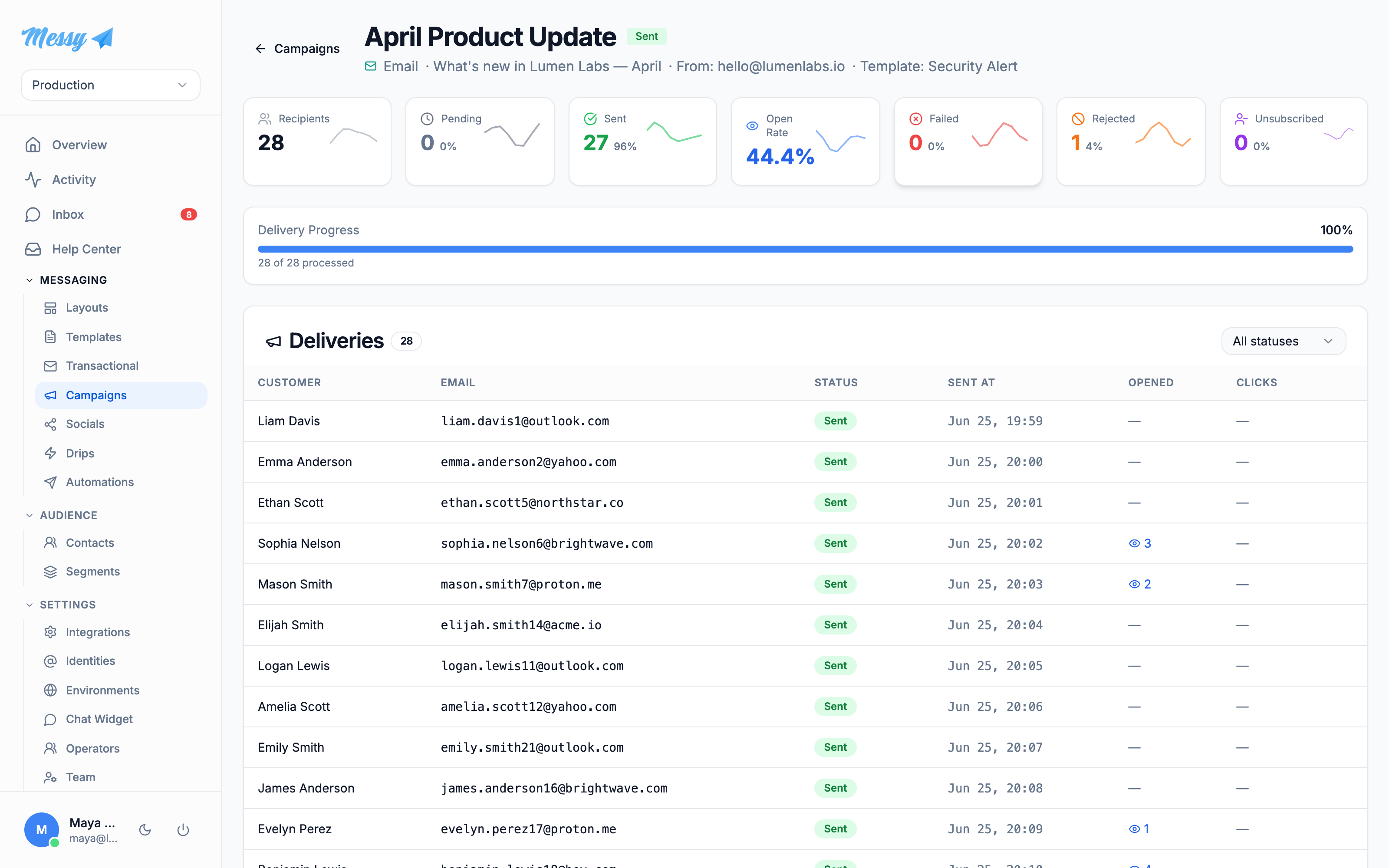 The campaign detail page with per-status delivery stats