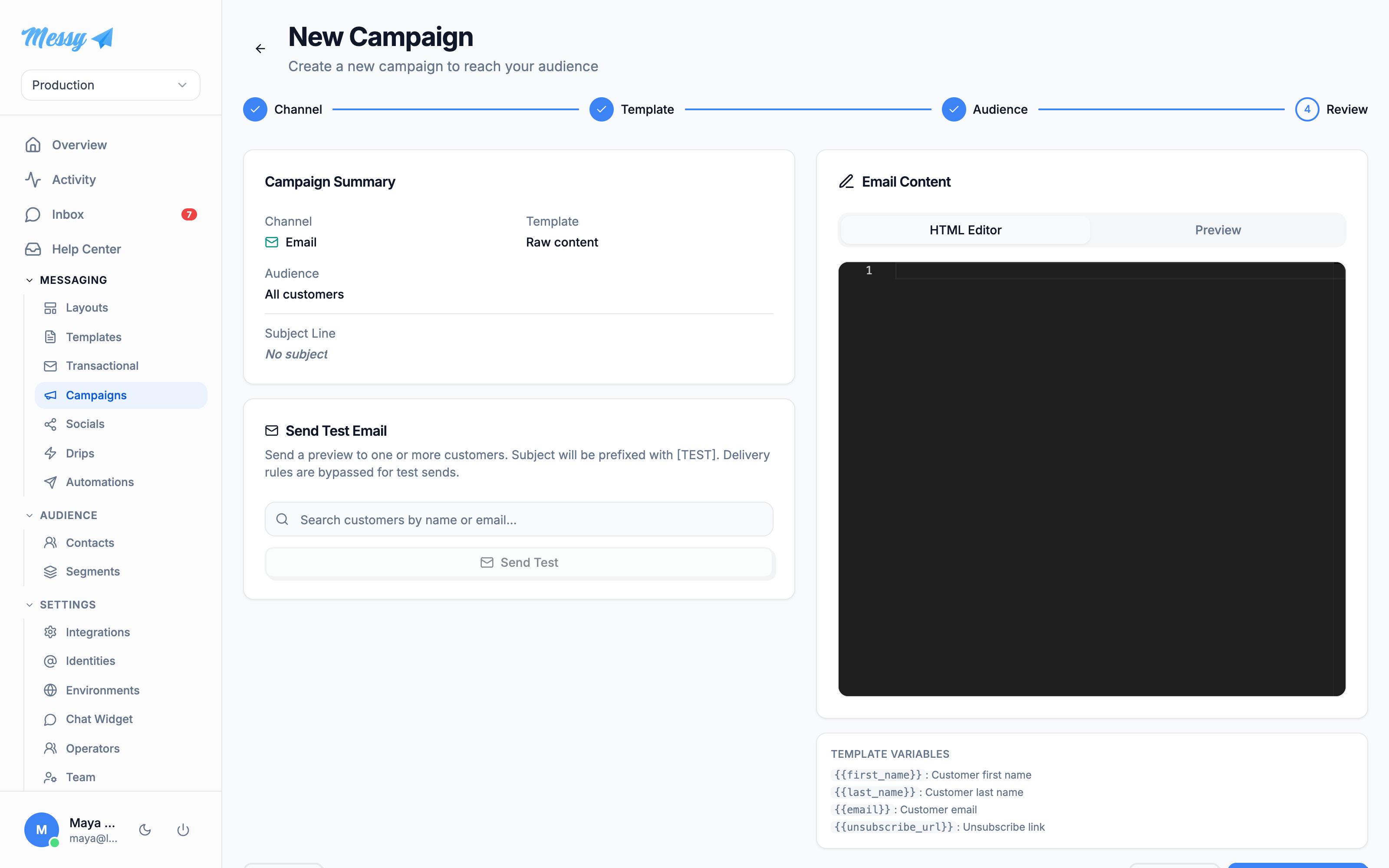 The review step with the campaign summary and a test-send card