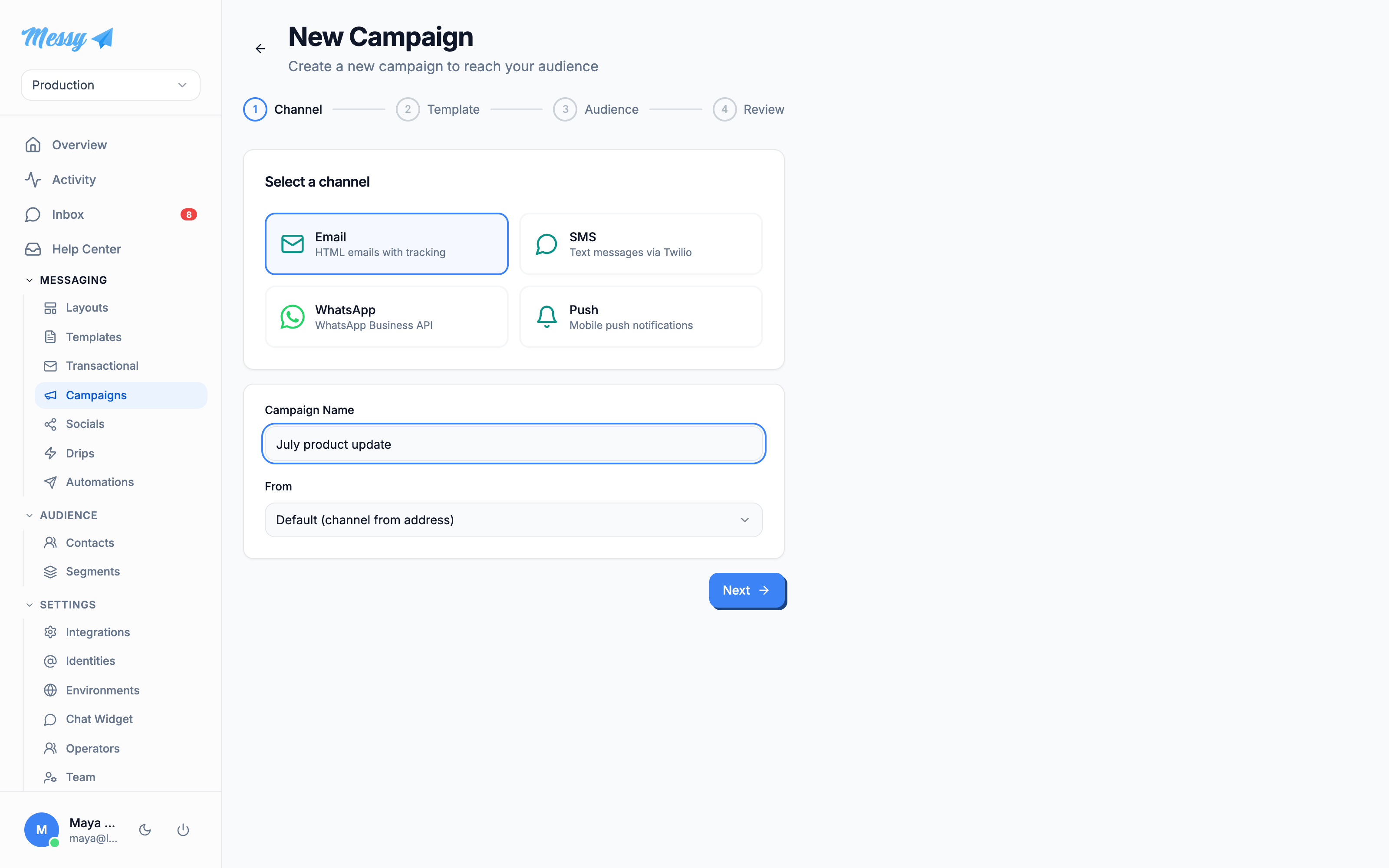 Step one of the campaign wizard: channel selection and campaign name