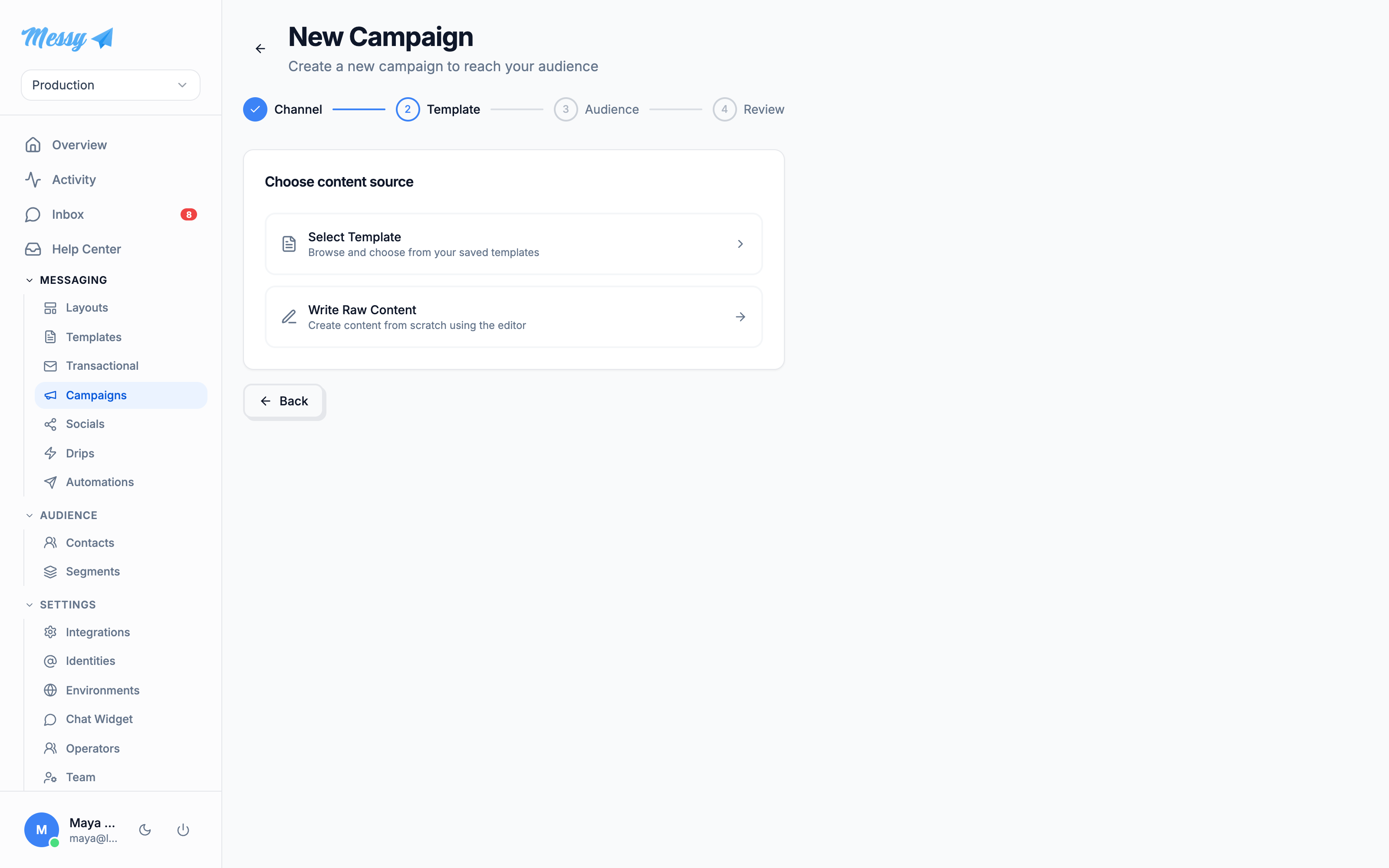 The content-source step: select a template or write raw content