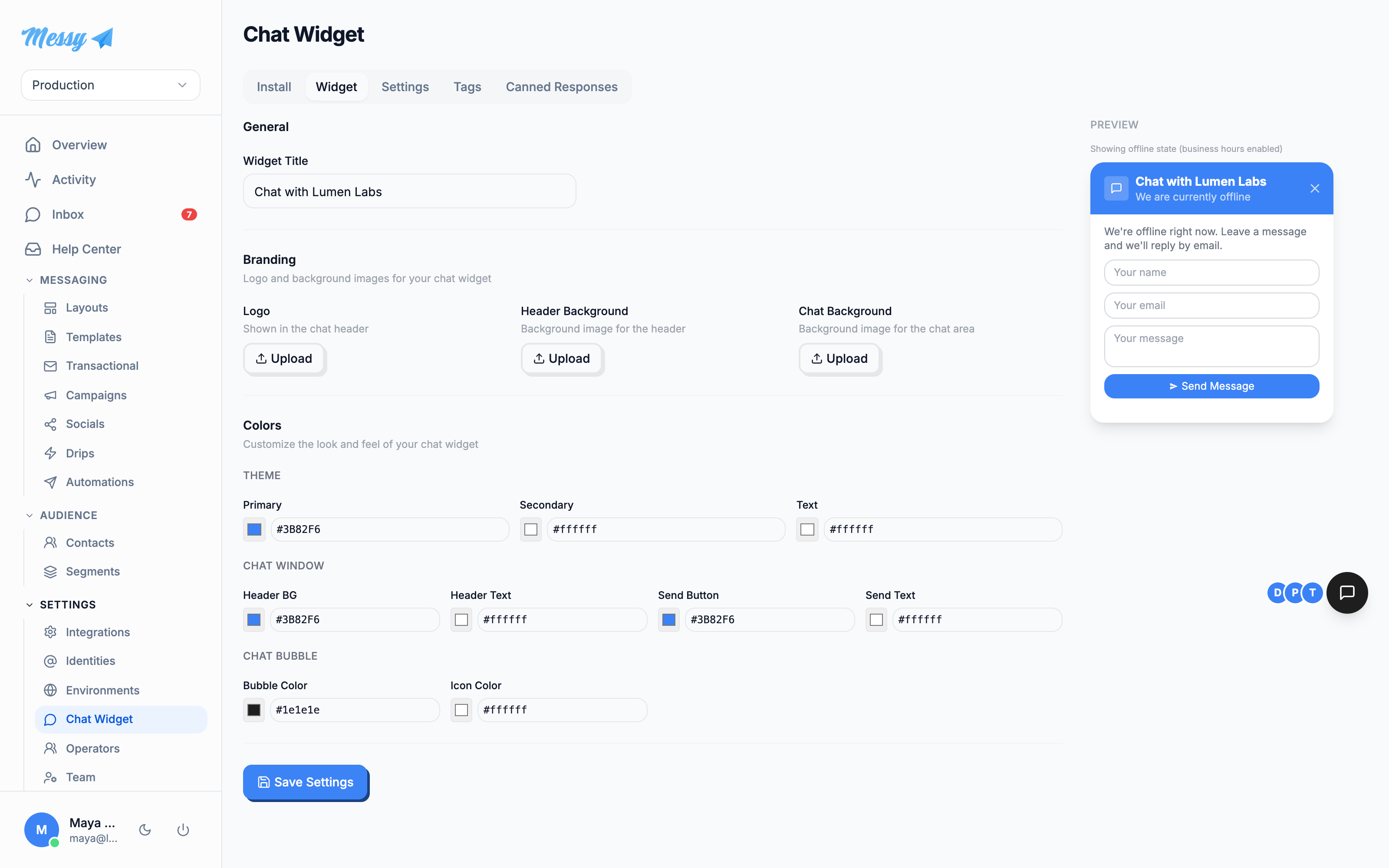 The Widget tab: branding and color fields with a live preview