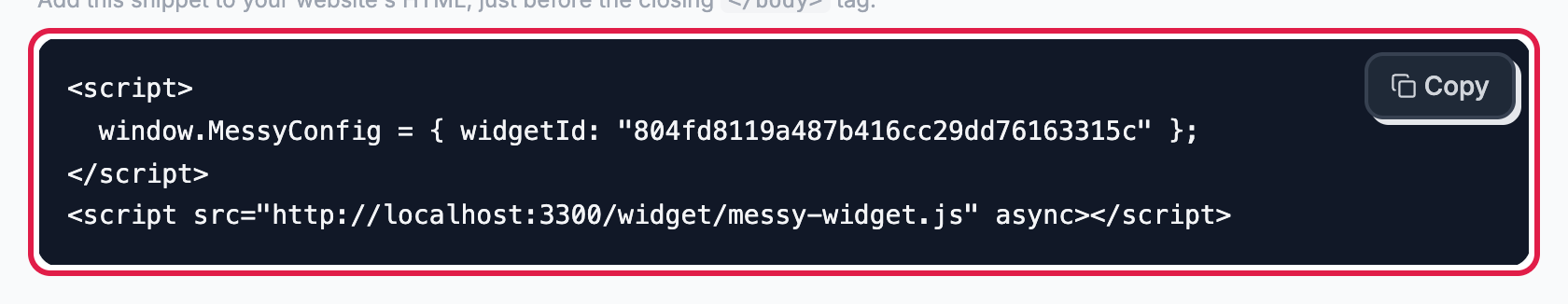 The embed code snippet with a copy button