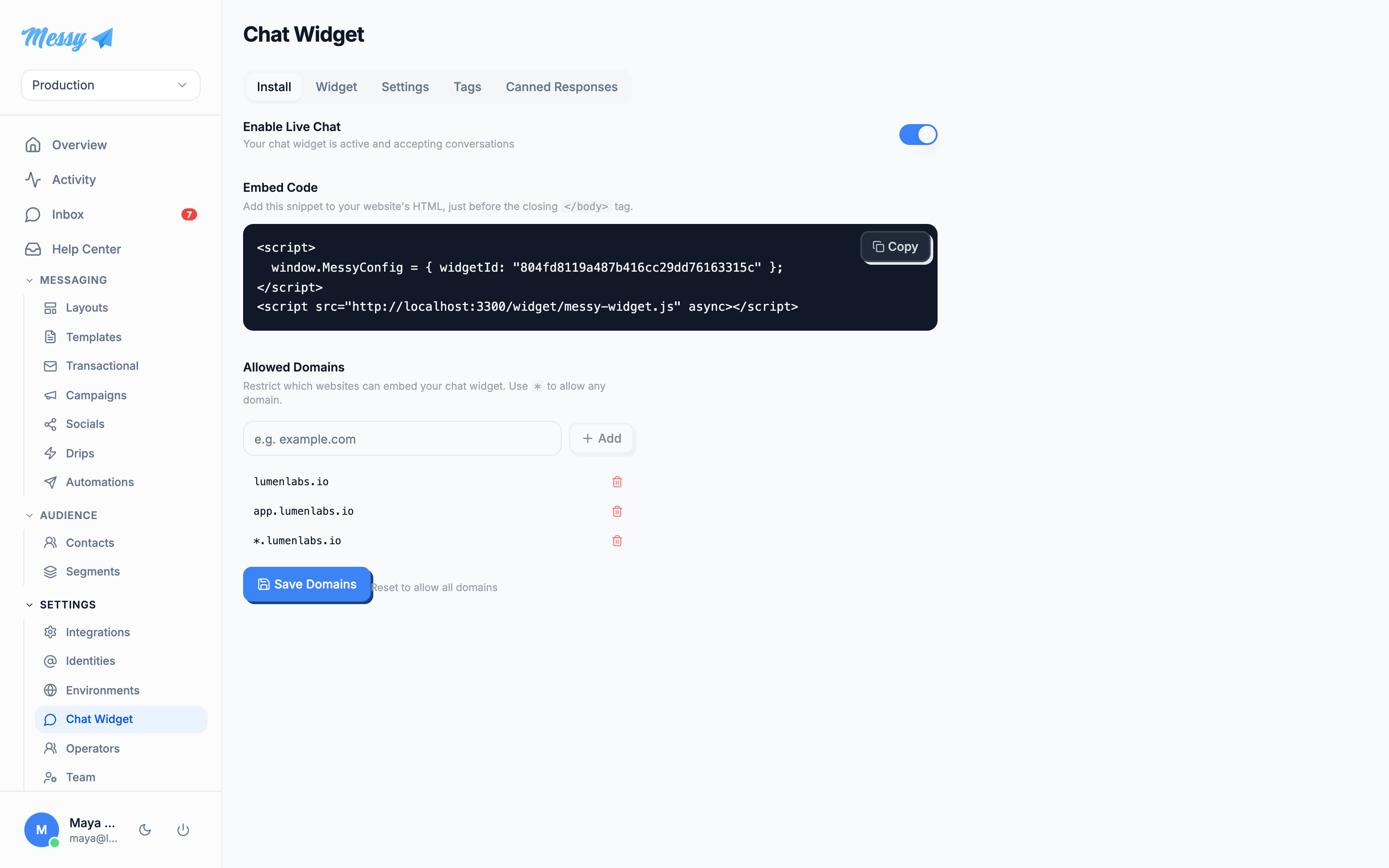 The Install tab with the enable toggle and the embed code block
