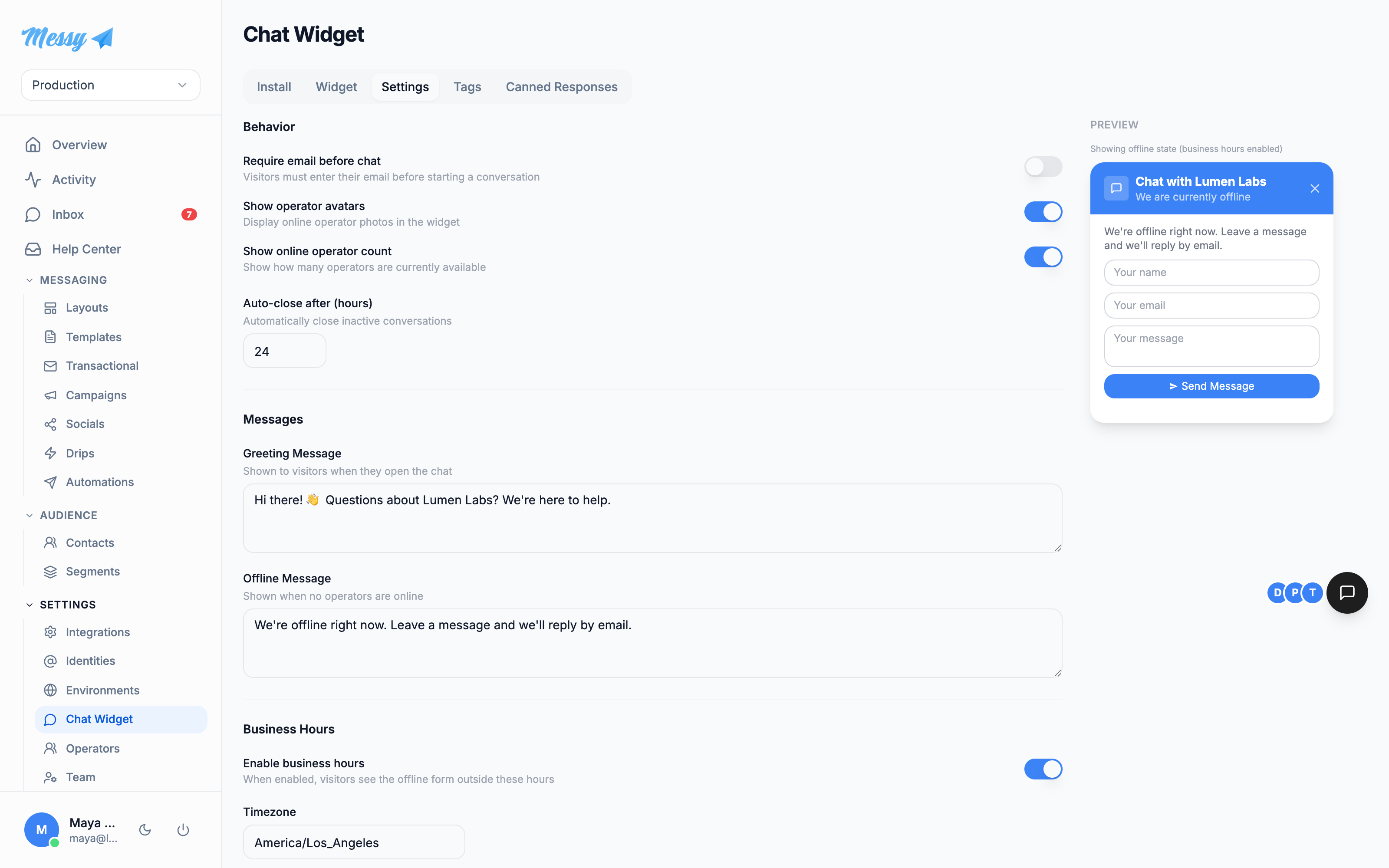 The Settings tab: behavior toggles, messages and business hours