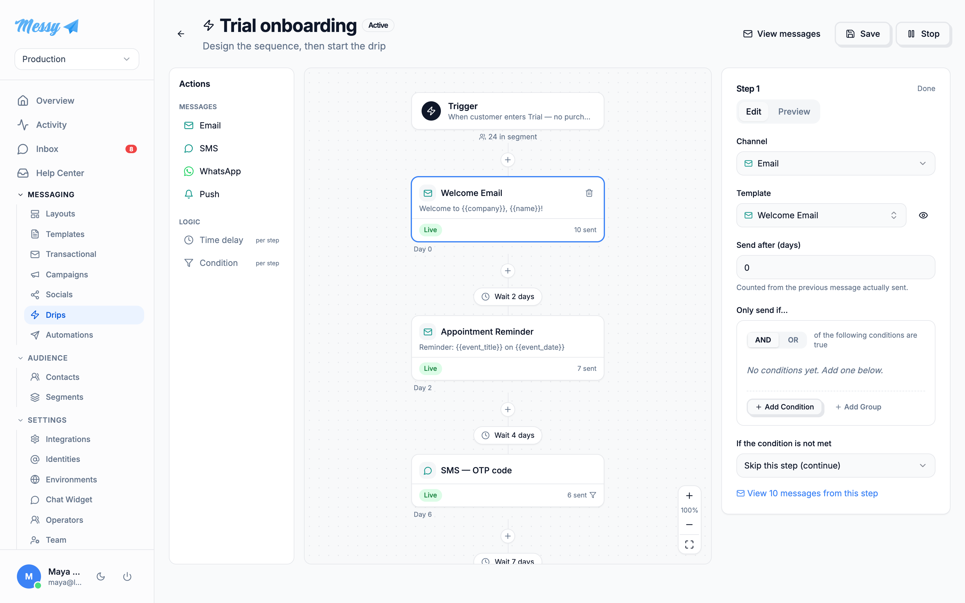 A step inspector with channel, template, delay and condition fields