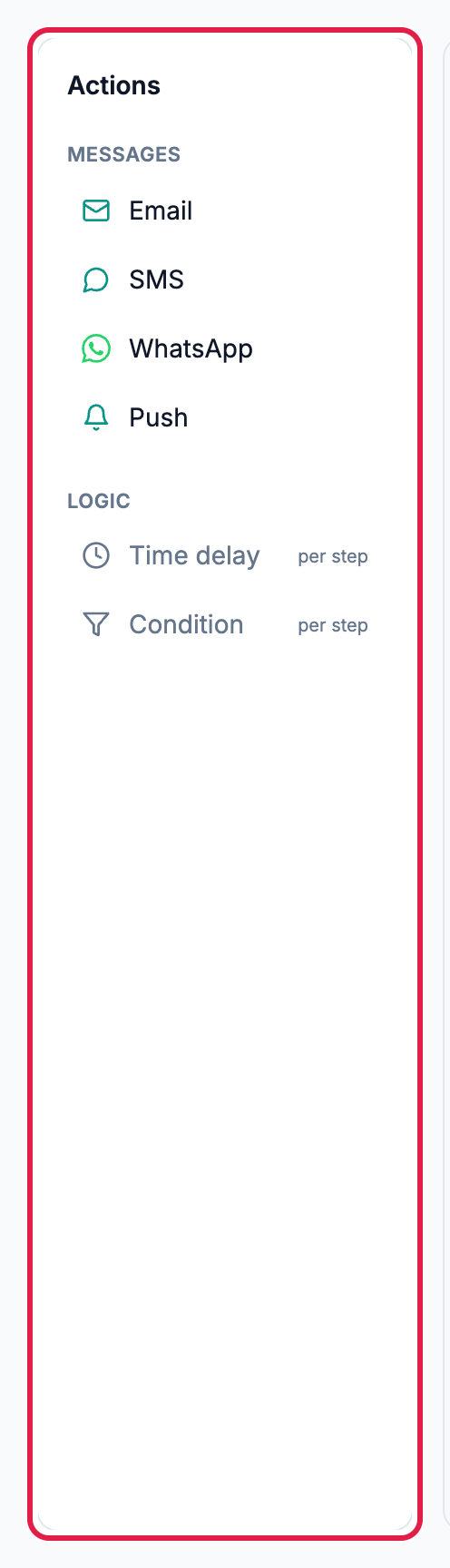 The Actions palette: Email, SMS, WhatsApp, Push message steps plus per-step delay and condition