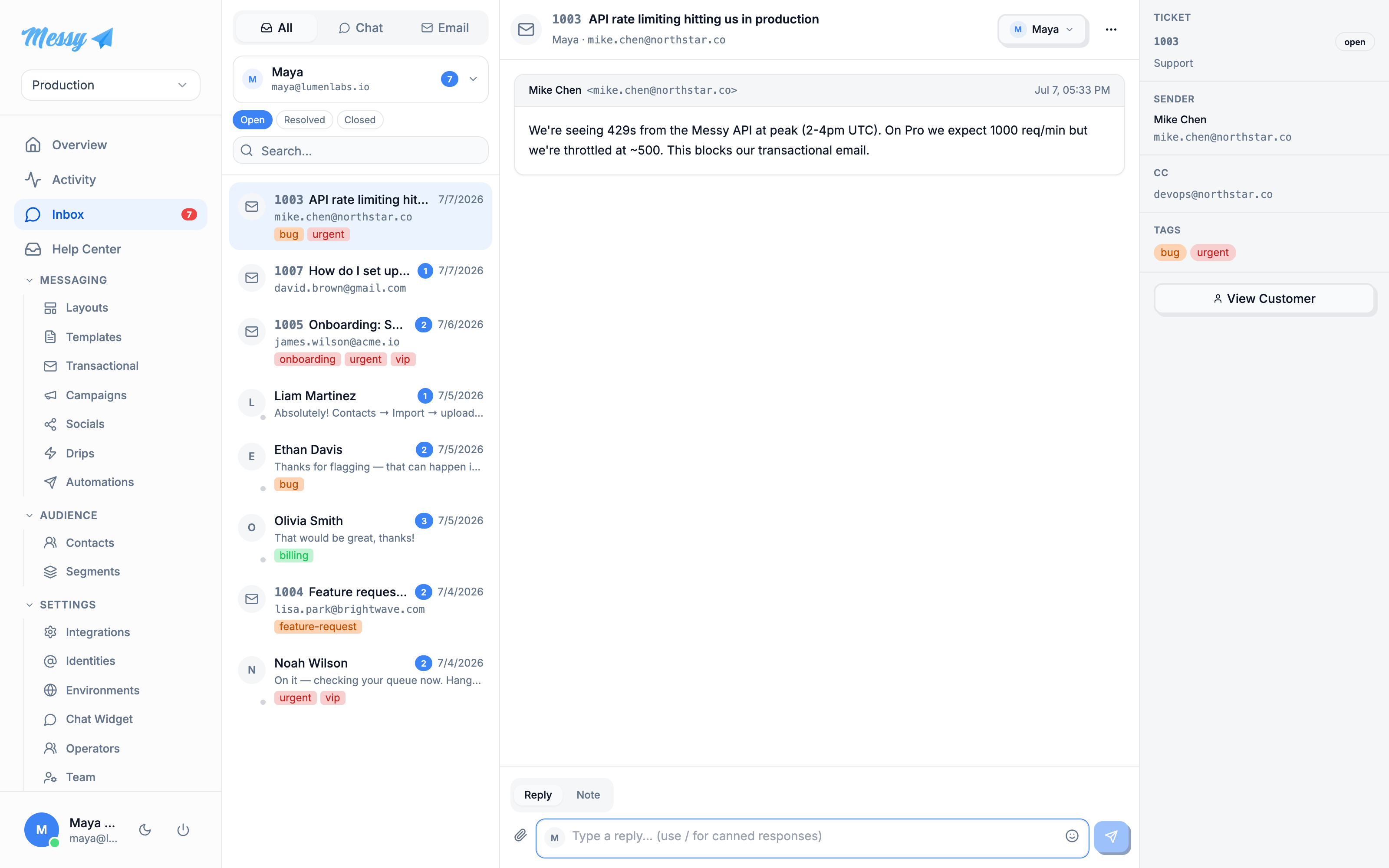 A conversation thread with the ticket context panel on the right