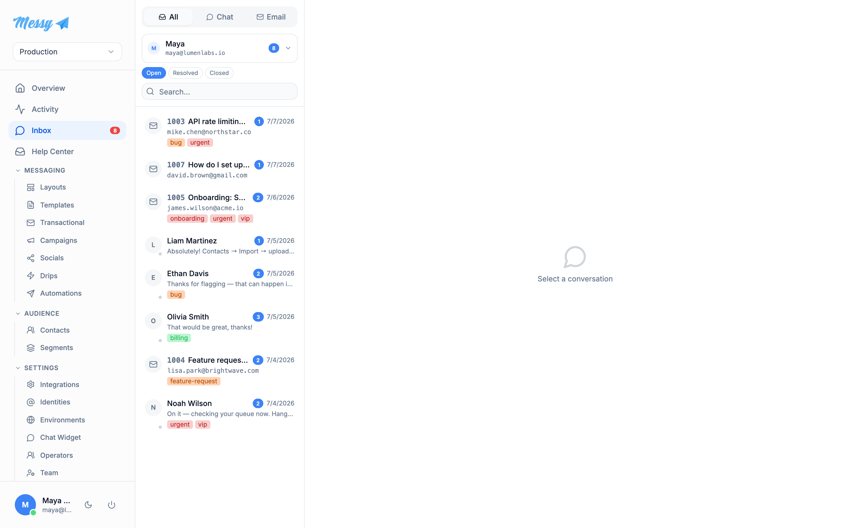 The inbox conversation list with source, status and operator filters