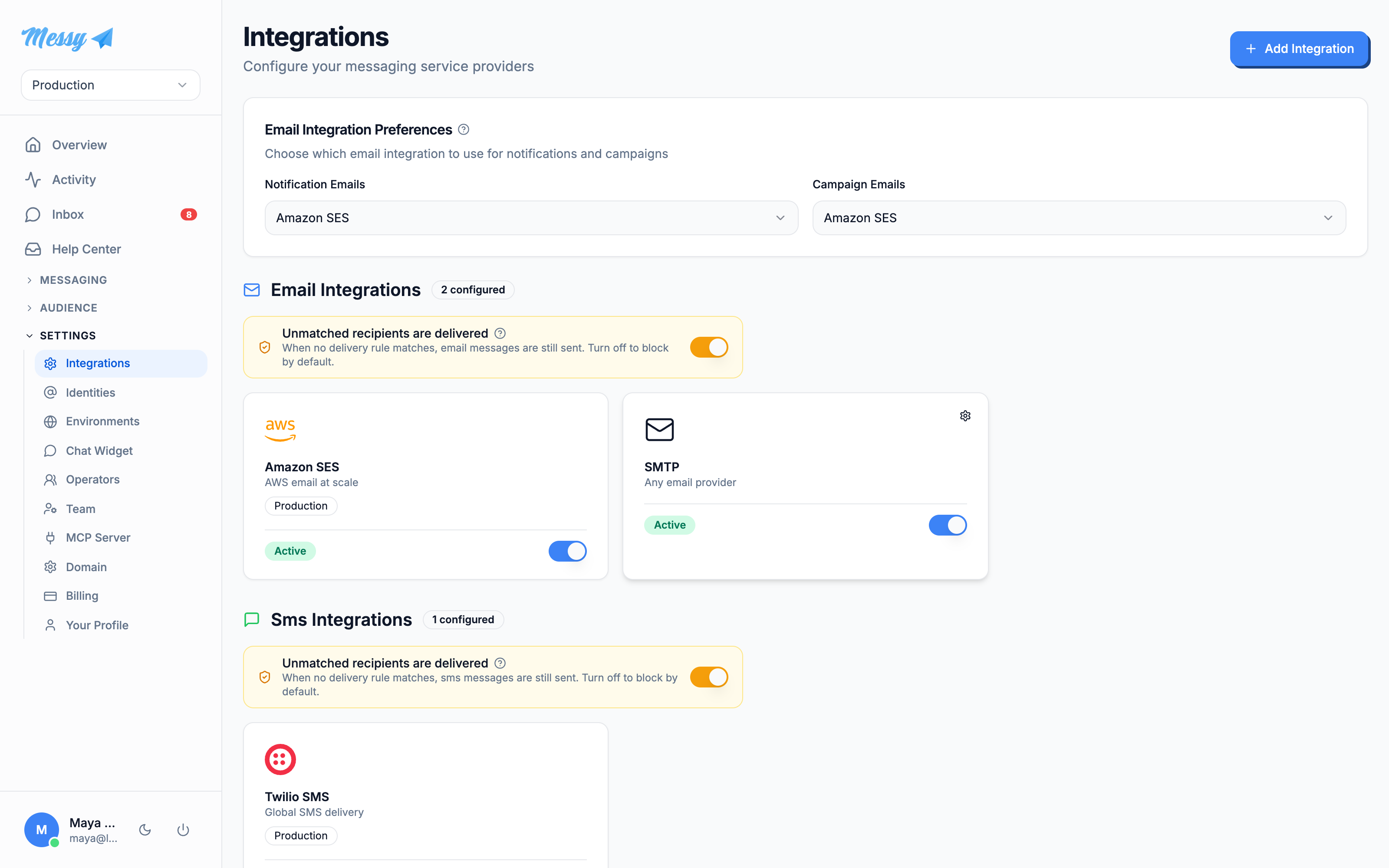 The Integrations page listing connected providers grouped by channel