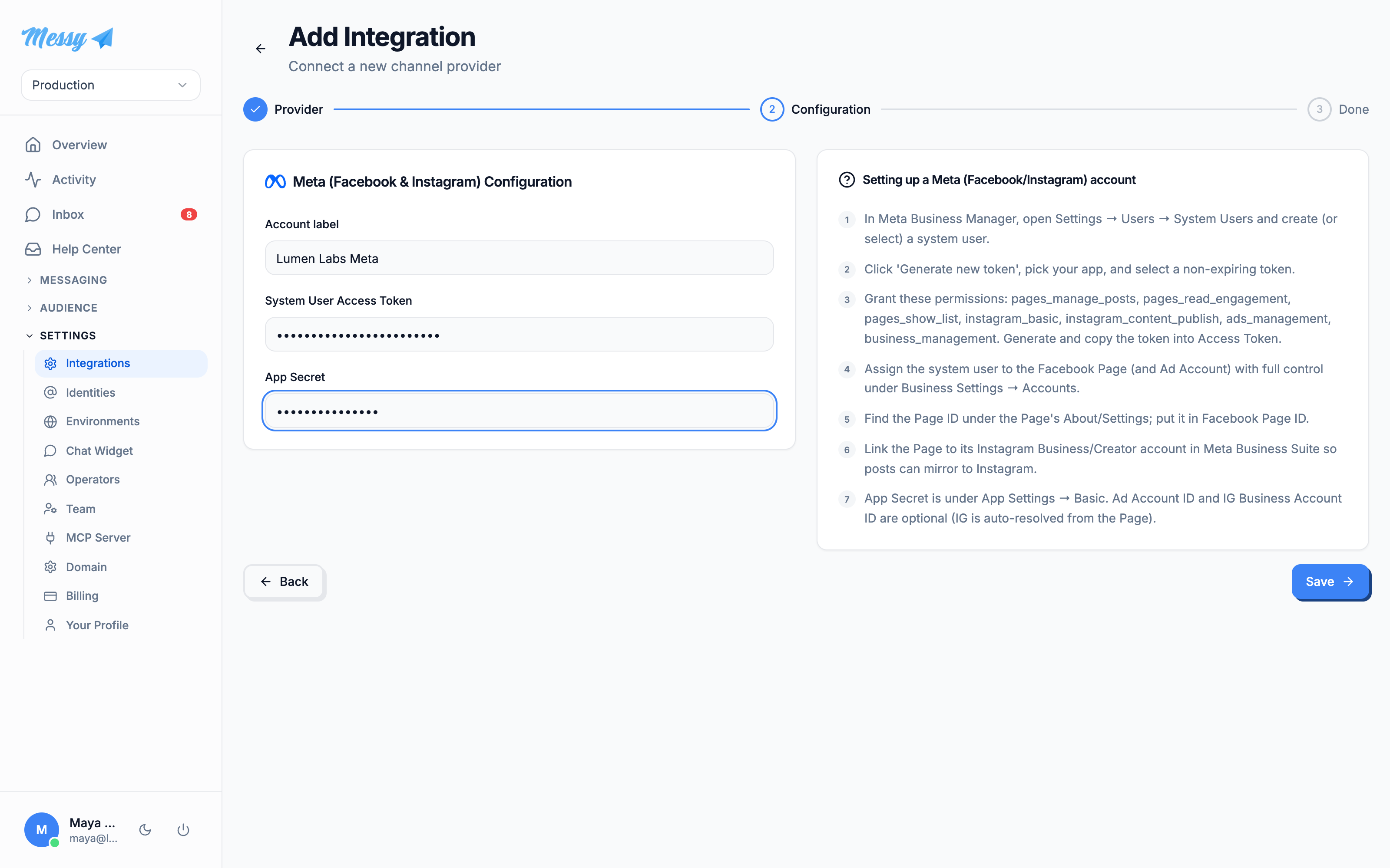 The Meta configuration form with the Business Manager setup guide alongside