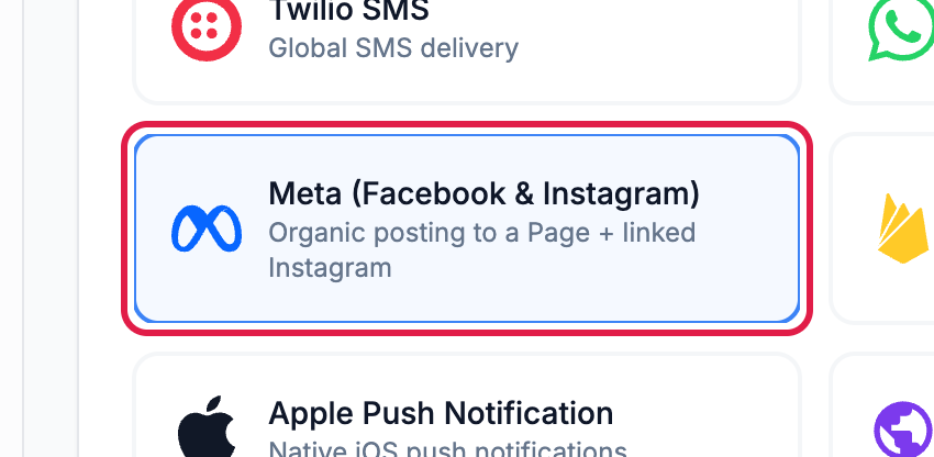 The provider grid with Meta (Facebook & Instagram) selected