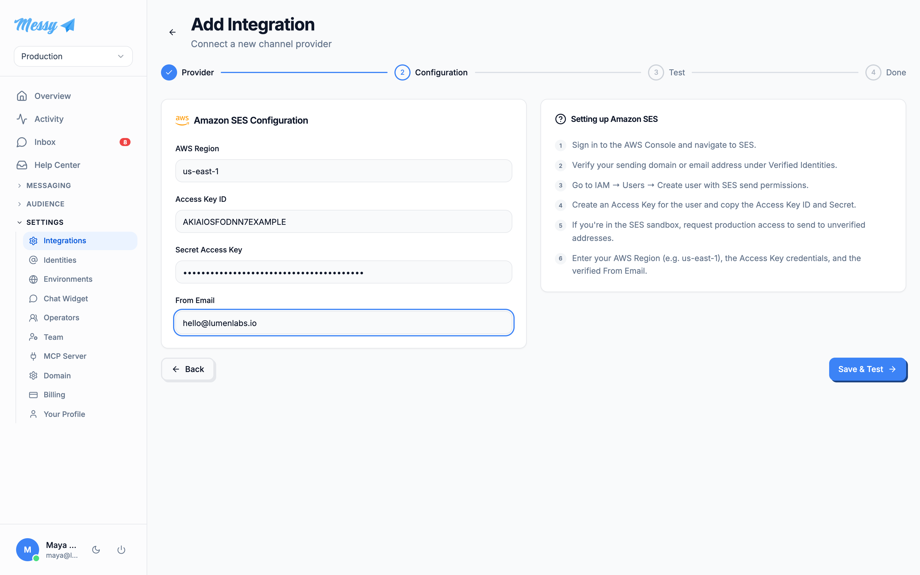 The Amazon SES configuration form with the setup guide alongside