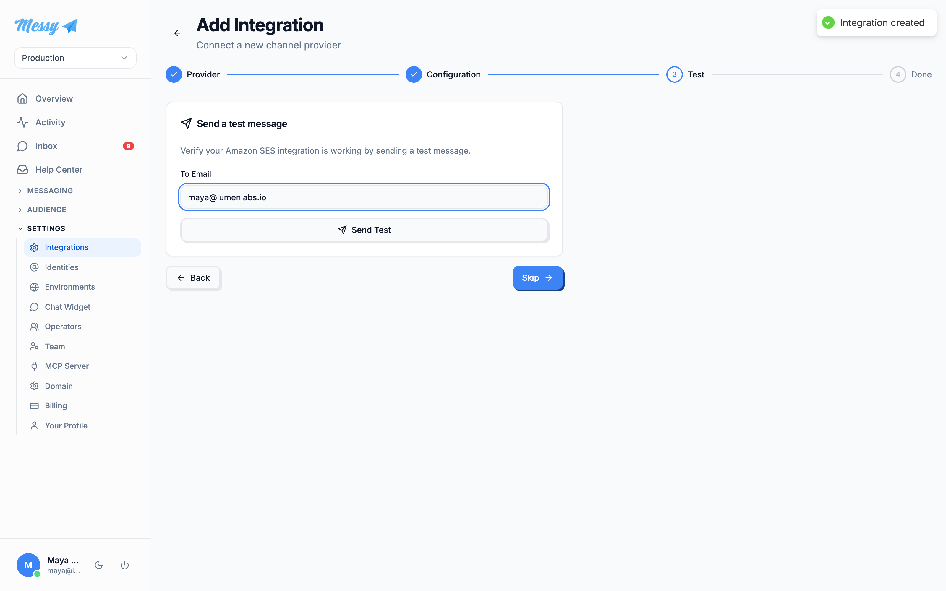 The test step of the wizard with a recipient email filled in