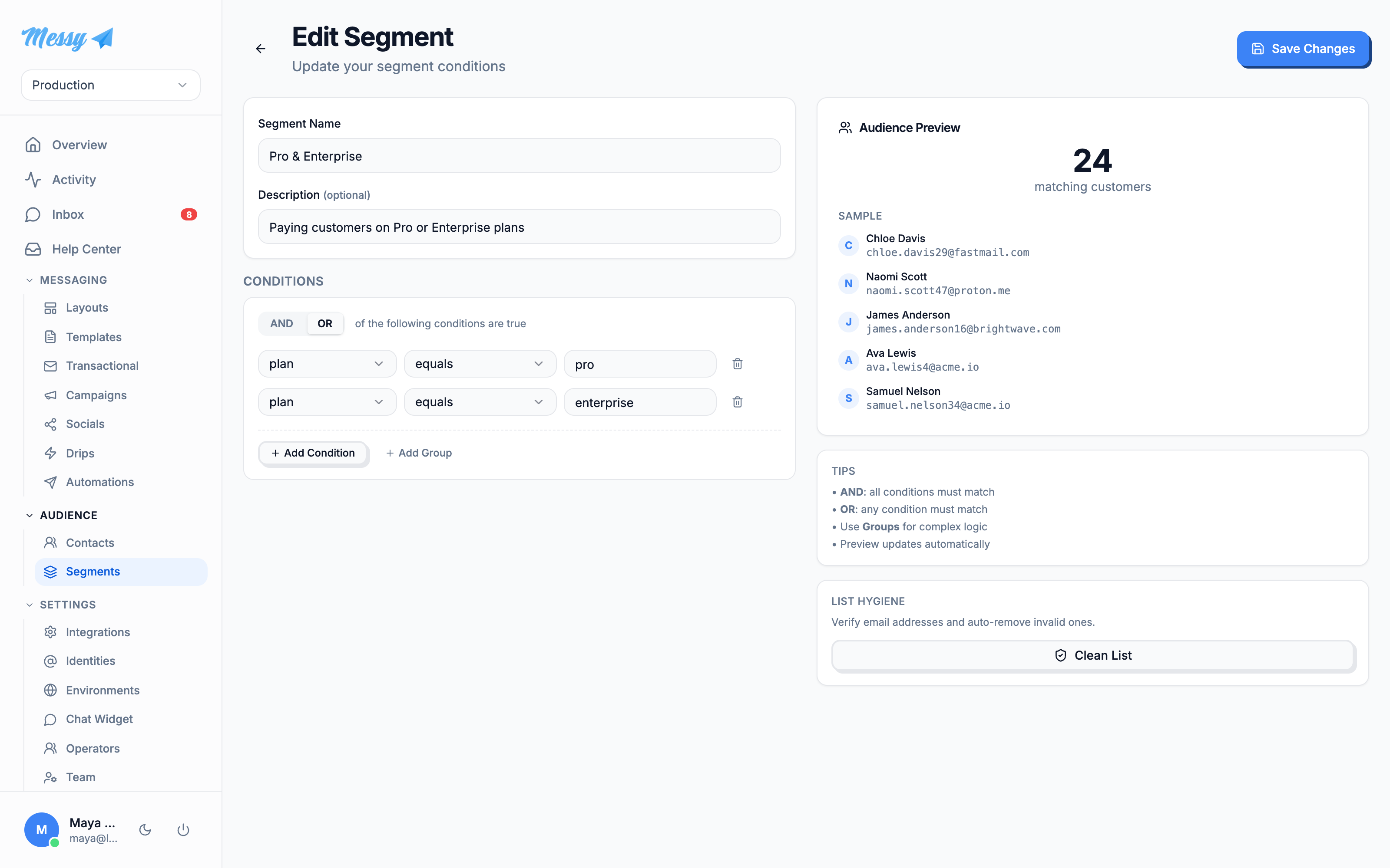 The segment editor: condition builder on the left, live audience preview on the right