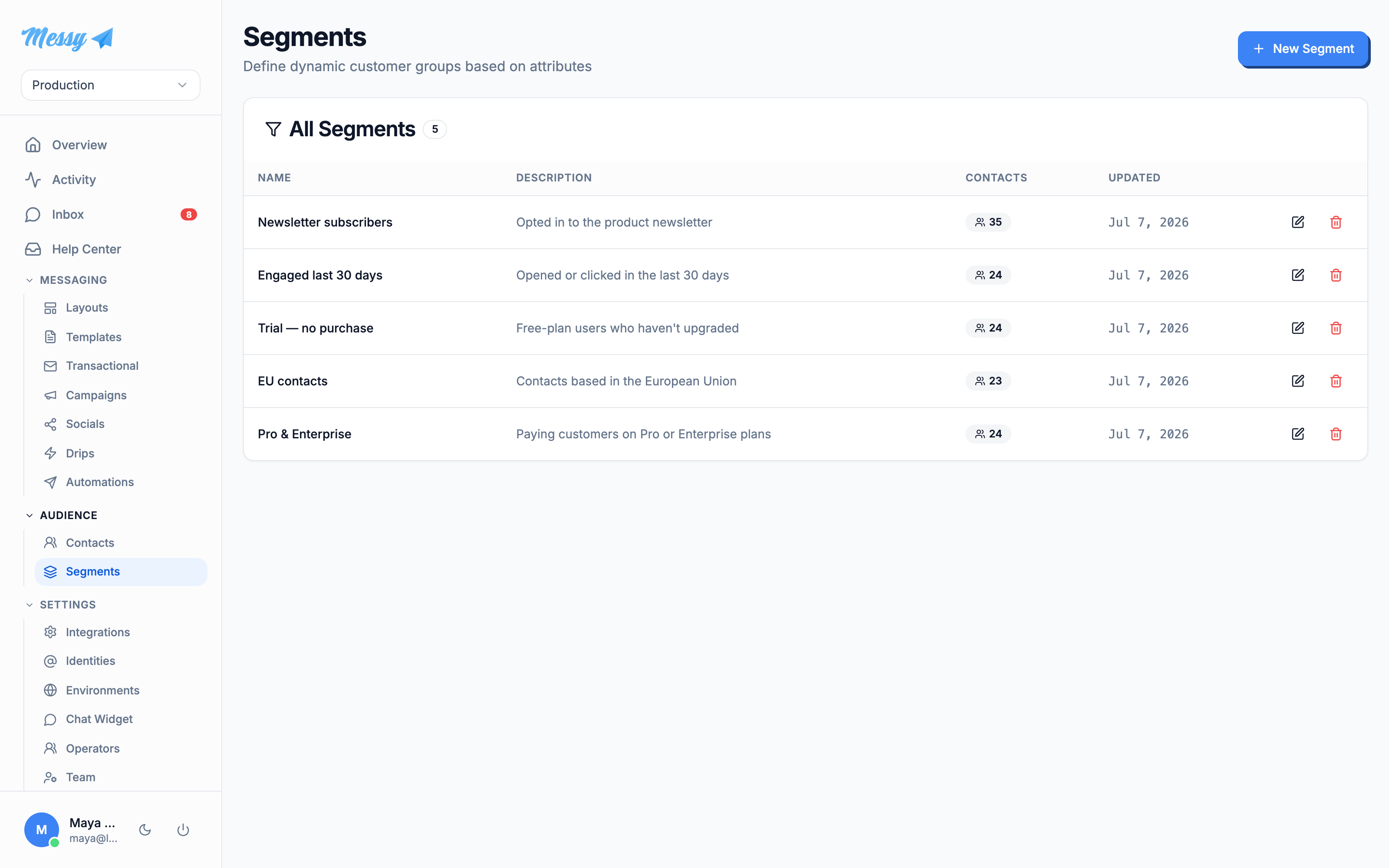 The segments list with live contact counts