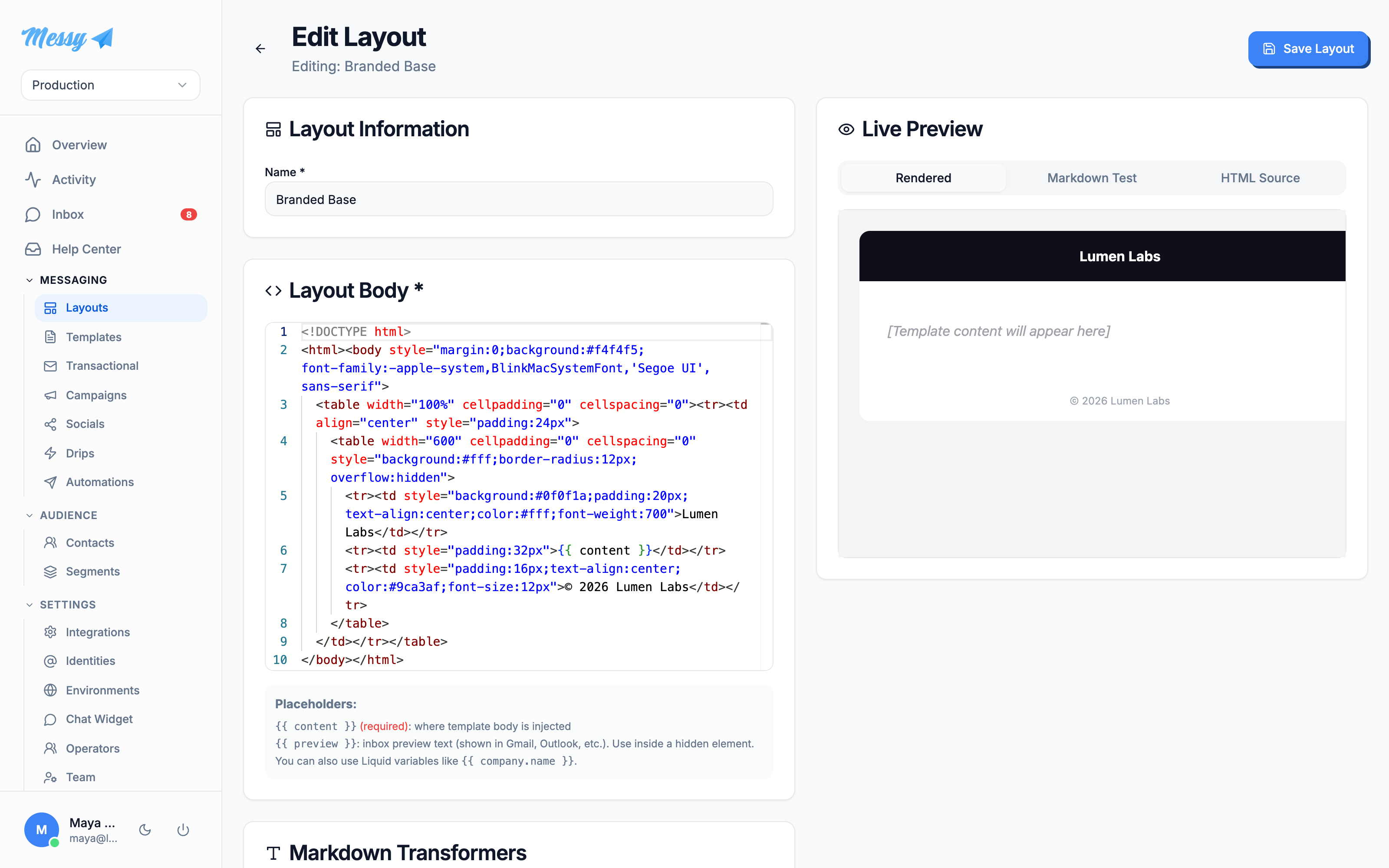 The layout editor showing the HTML shell with the content placeholder