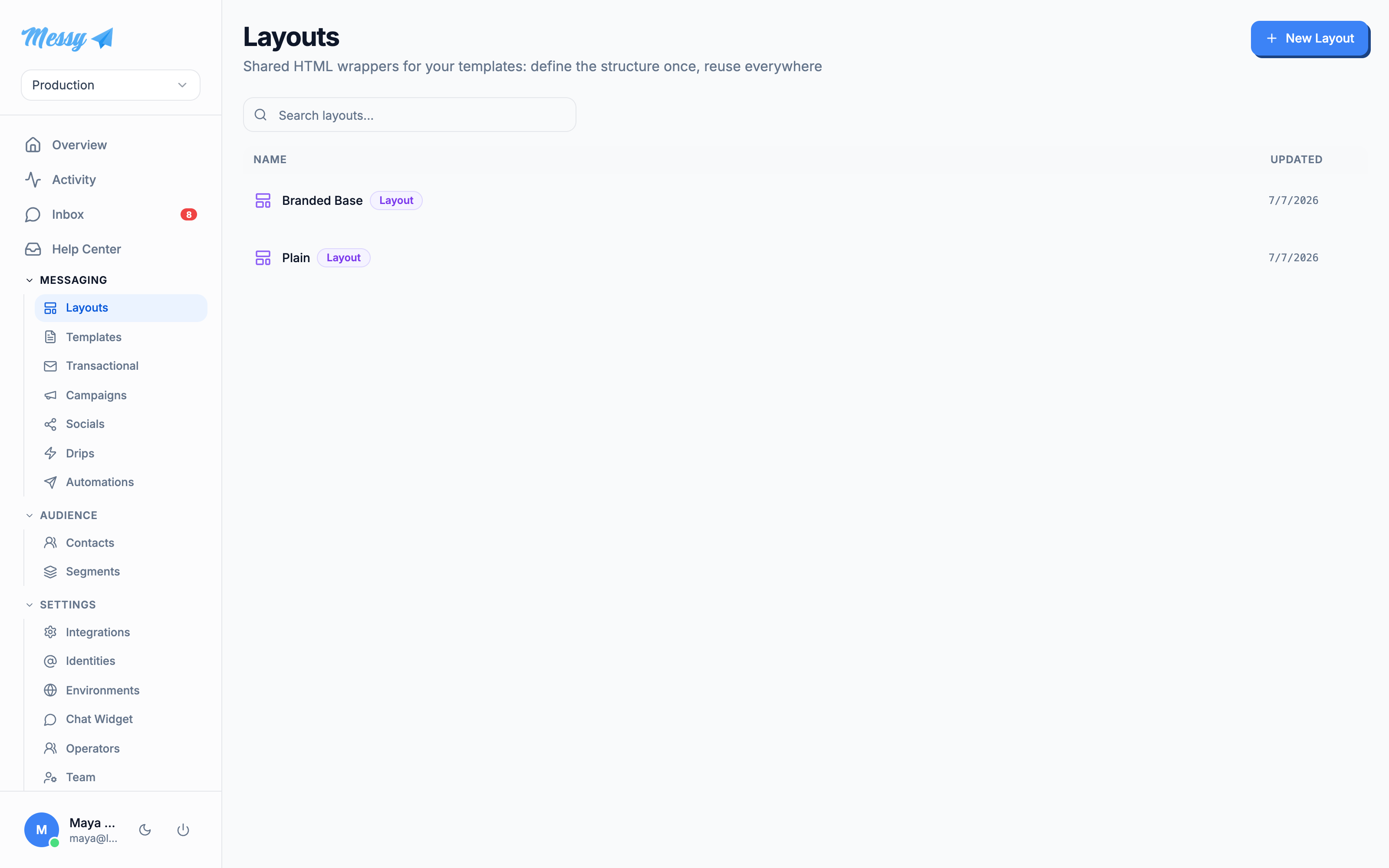 The layouts list