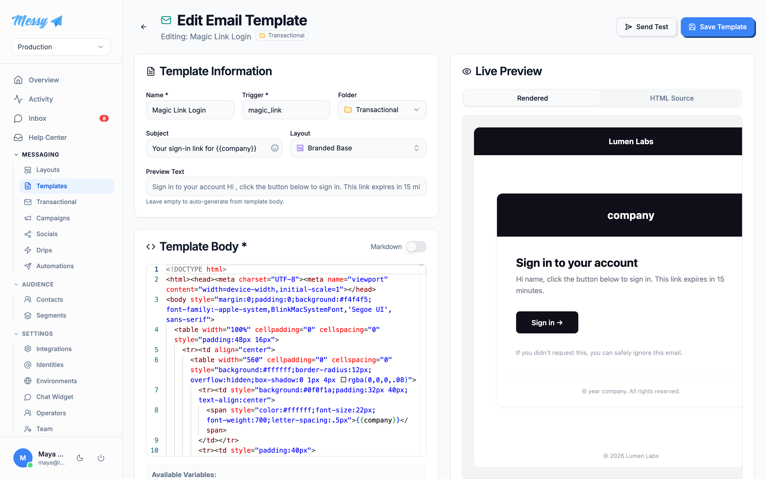 The template editor with a Liquid body and live rendered preview
