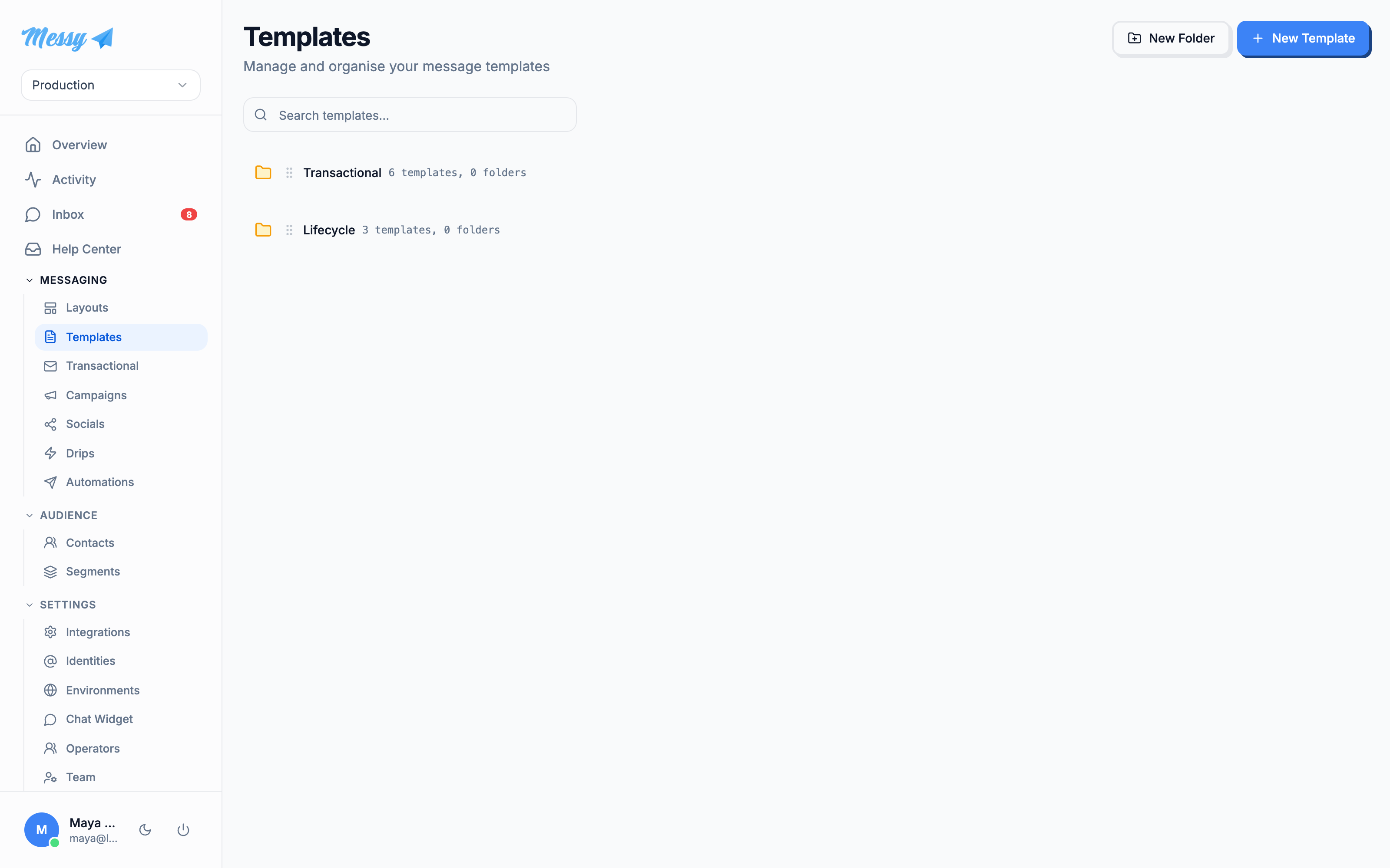 The template library, grouped into folders with channel and trigger columns