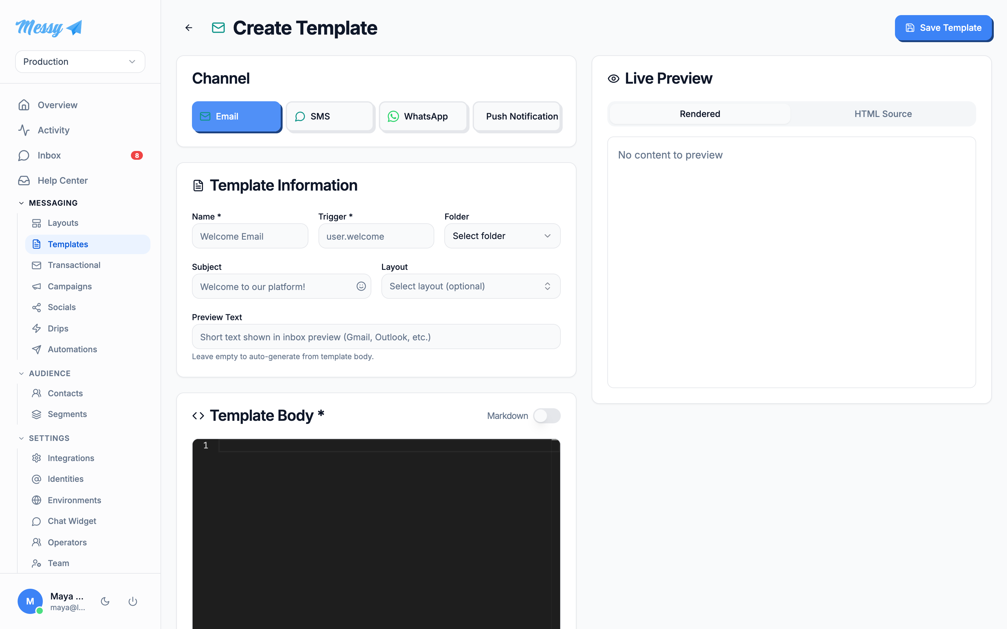 The template information fields: name, trigger, folder, subject, layout, preview text