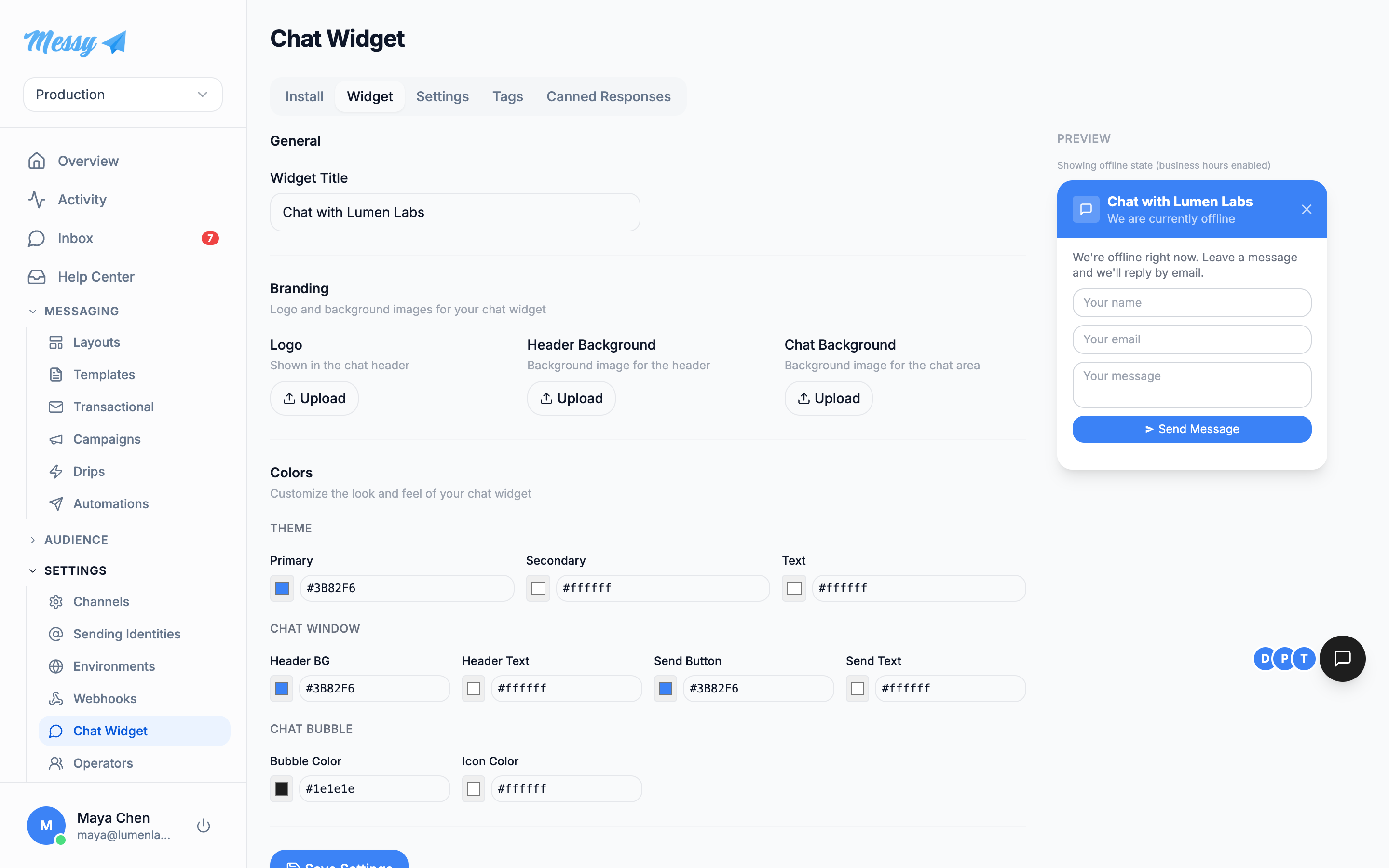 The chat widget appearance settings with a live preview