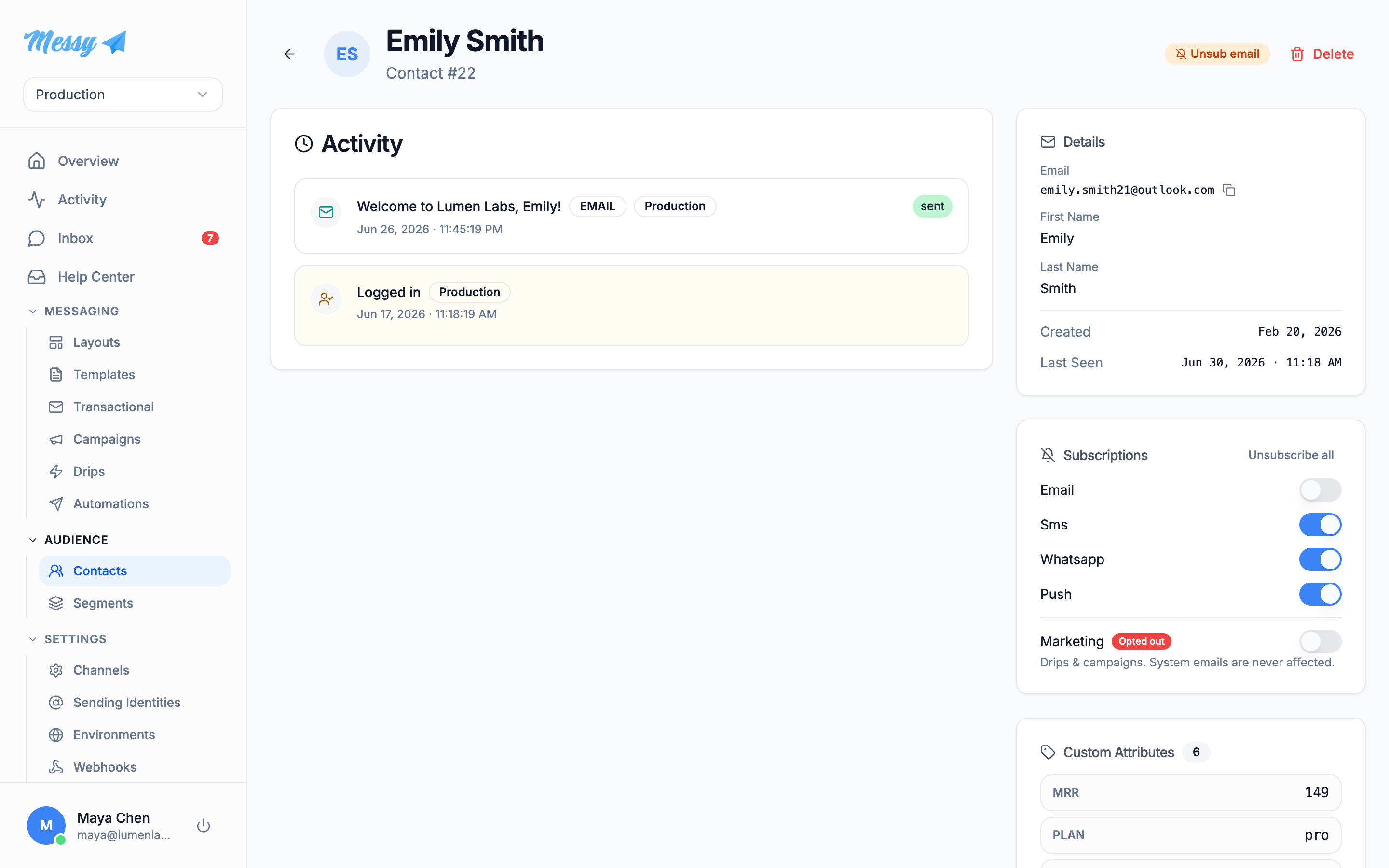 A contact's subscription panel showing per-channel and per-category consent