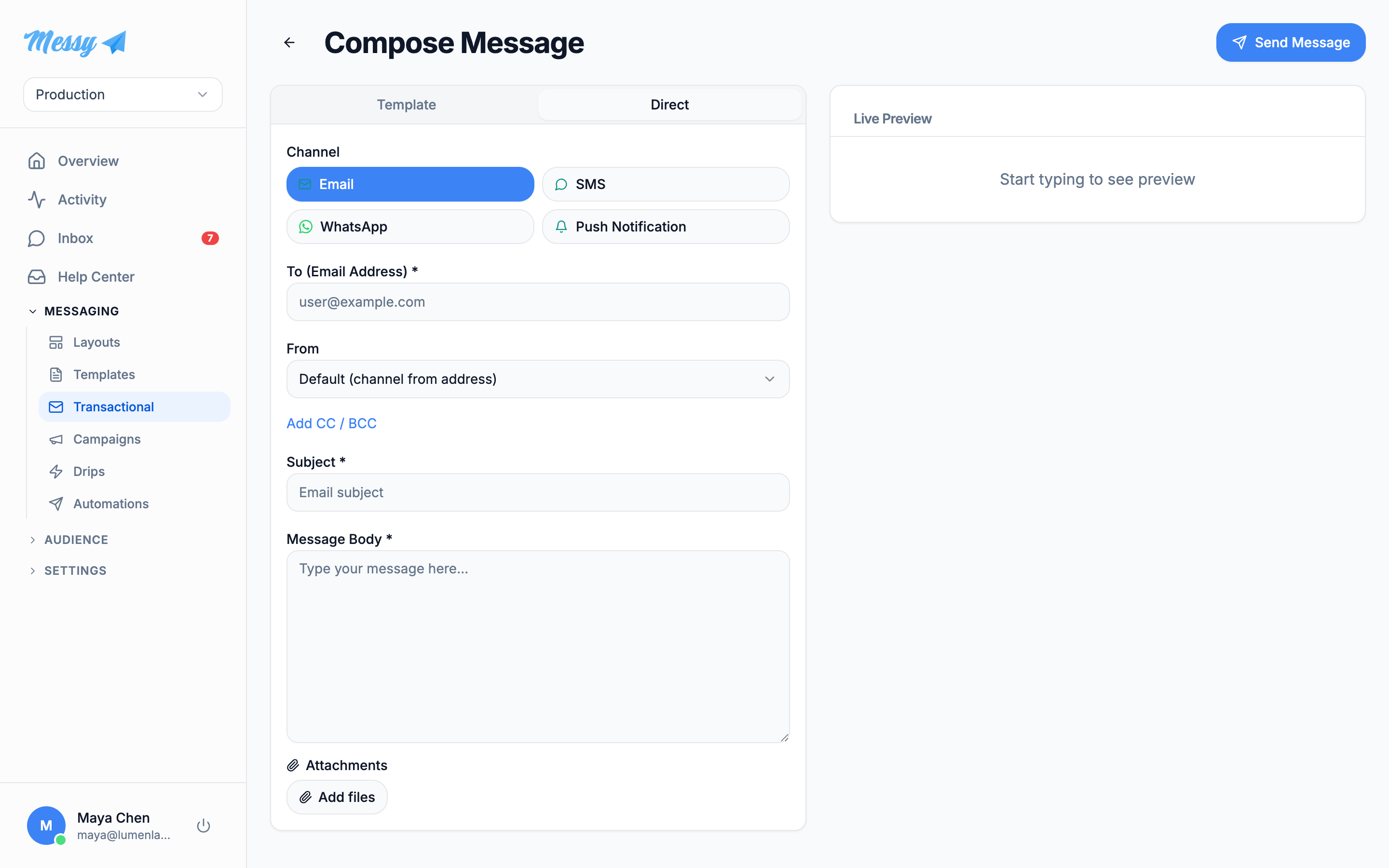 Composing a message and choosing a channel in Messy