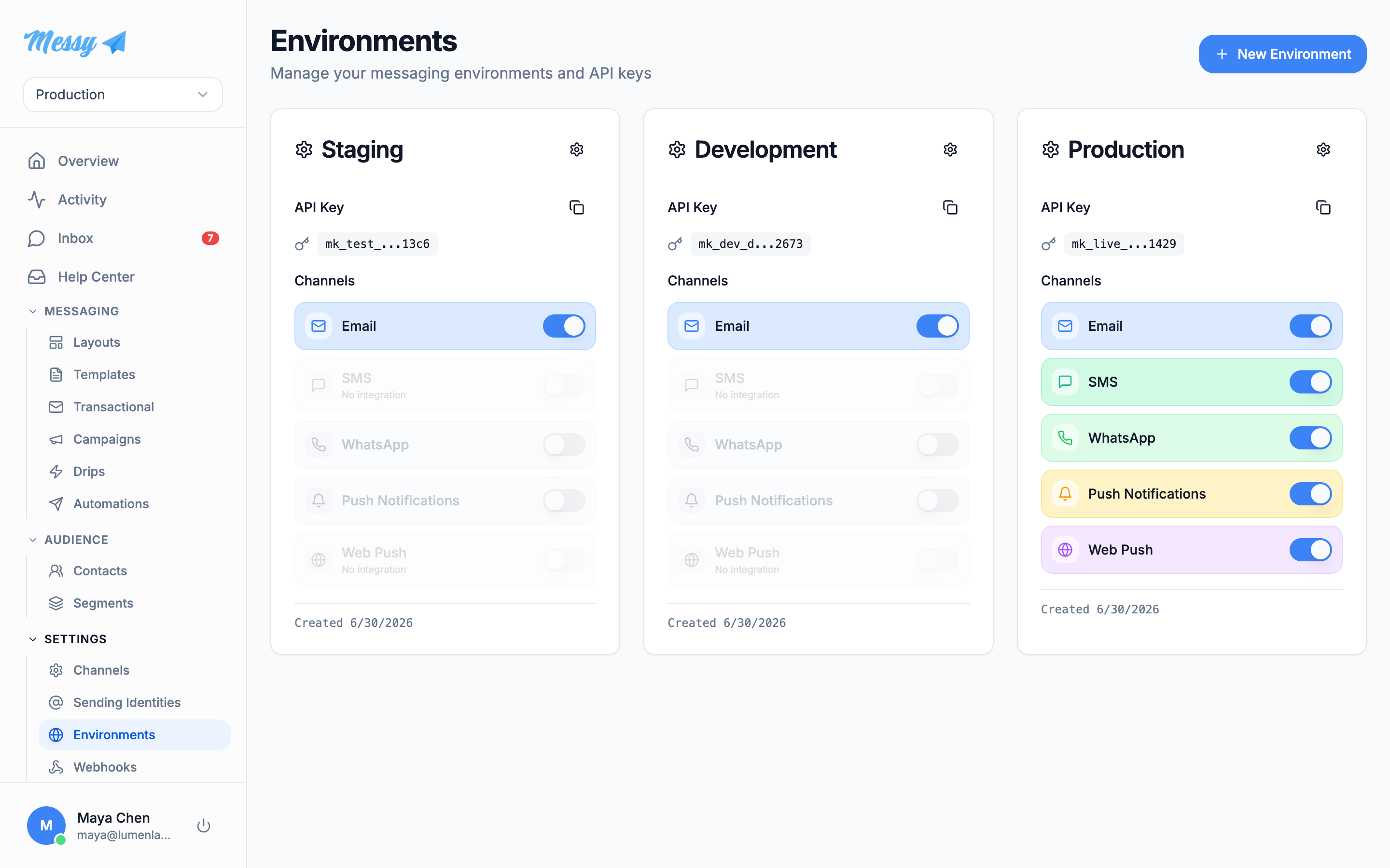 The environments list with API keys