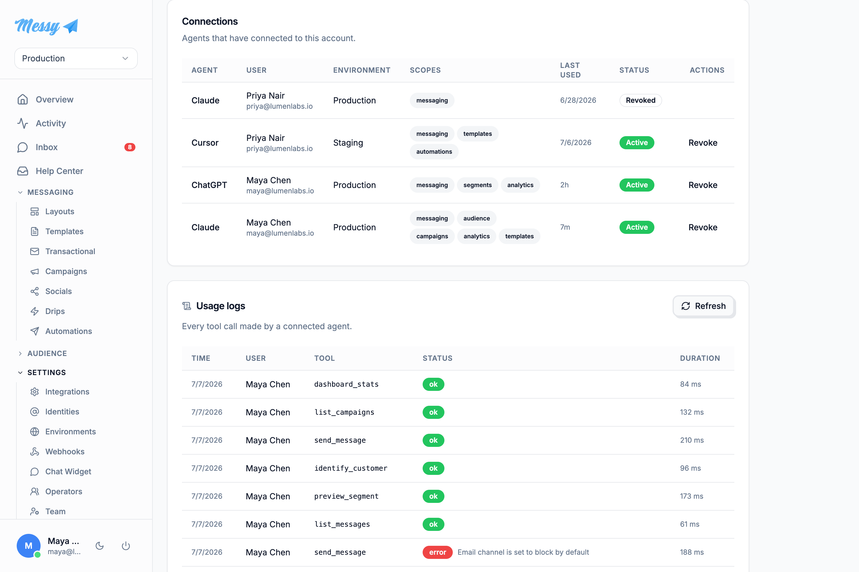 The MCP server page showing connected agents and a usage log of their tool calls