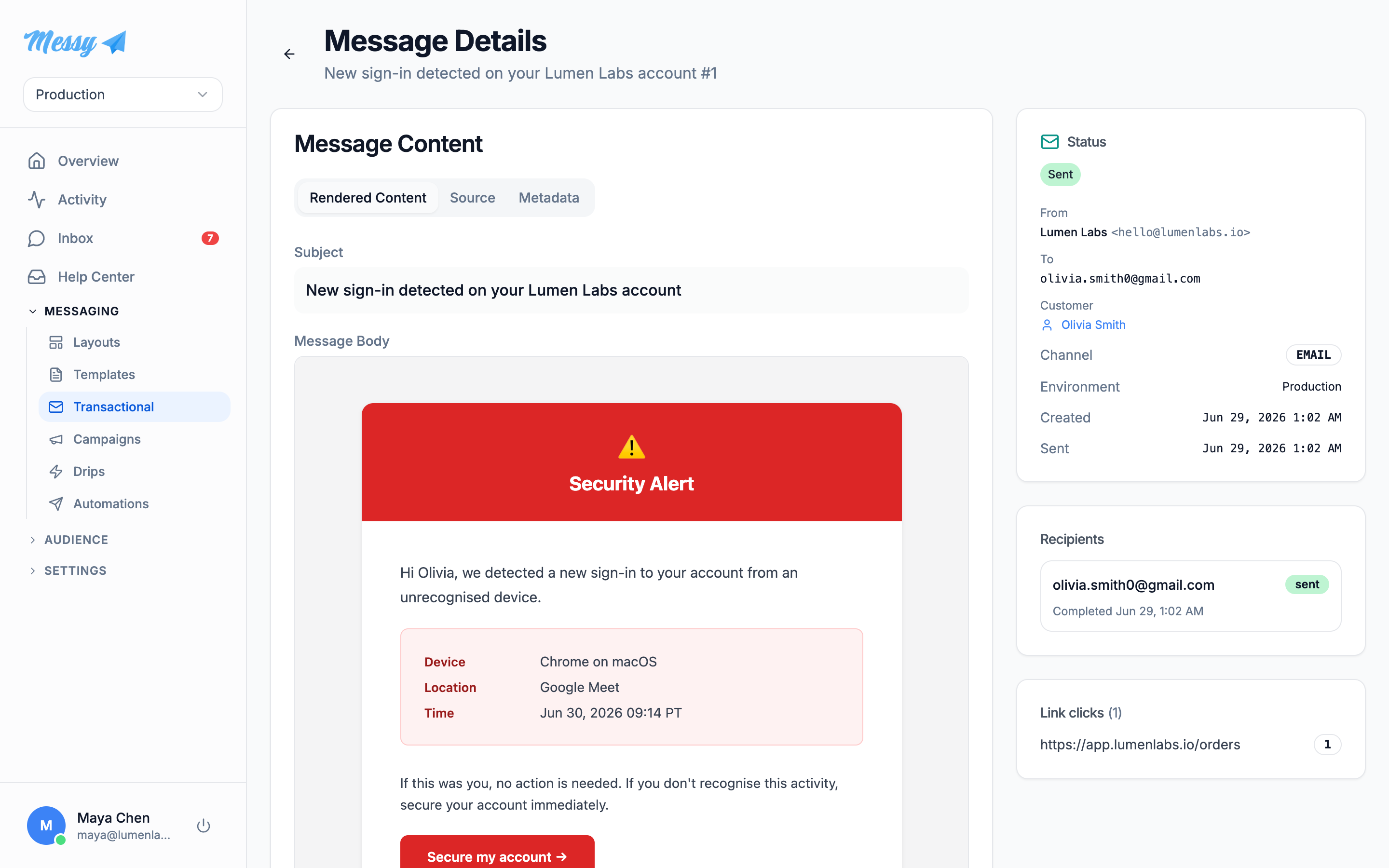 A transactional message detail view with delivery and tracking status