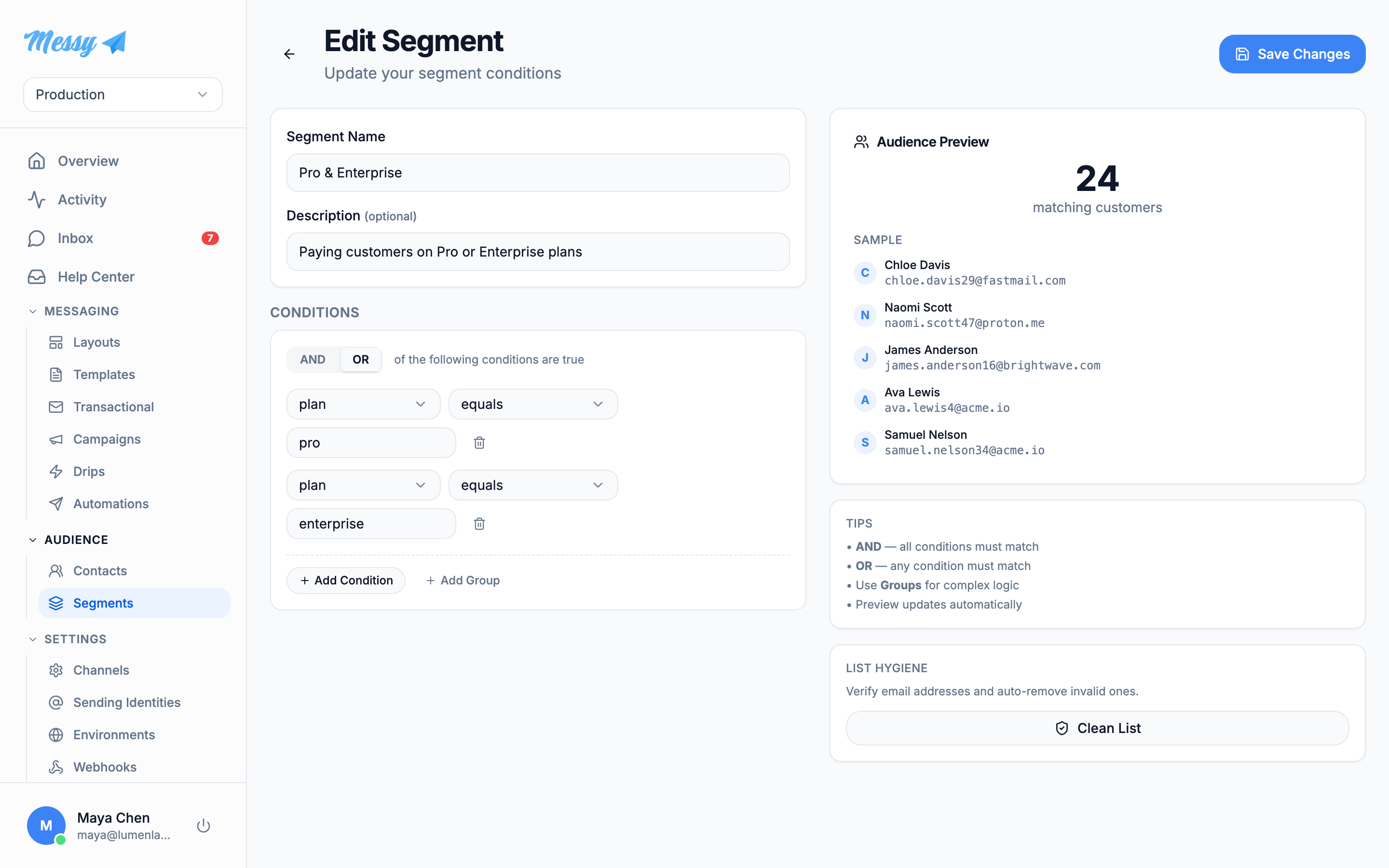 The segment condition builder with a live member count