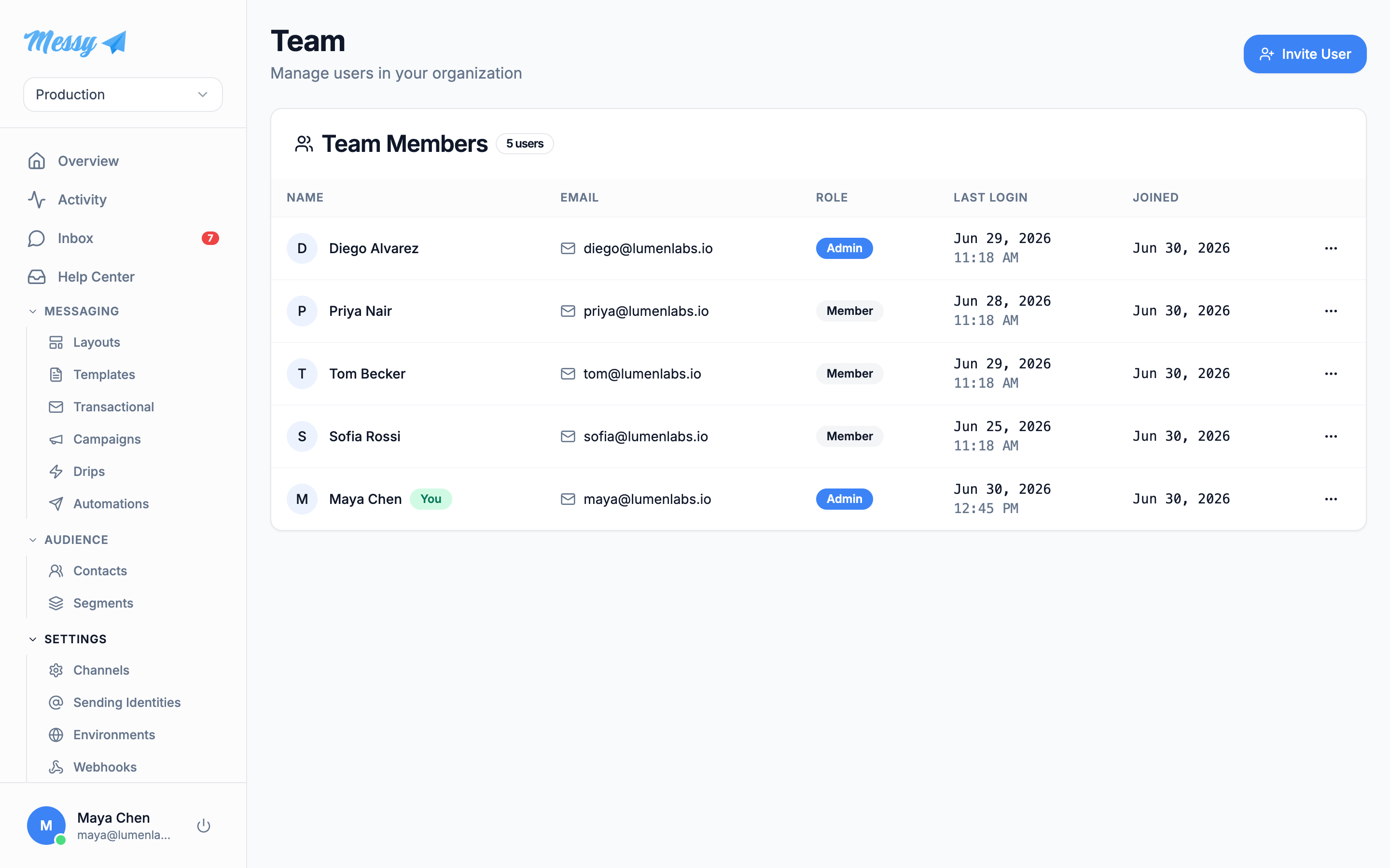 The team page listing members with their roles and last login