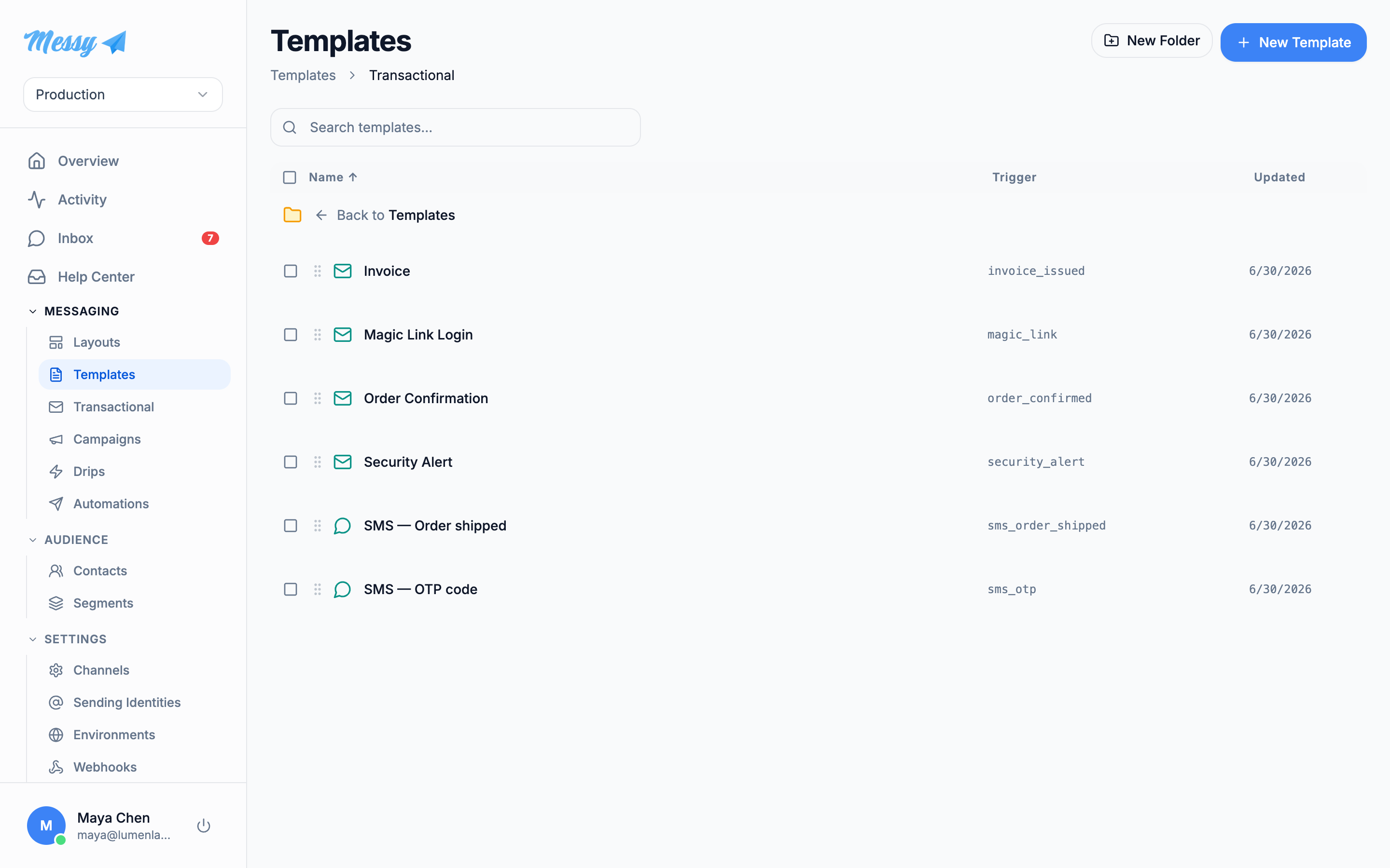 The template library organised into folders